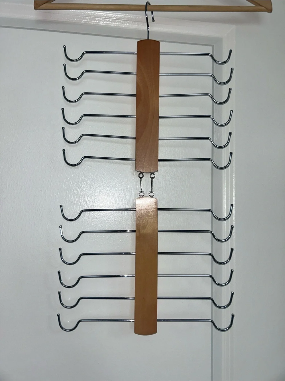 Multi-Tier Wooden and Chrome Scarf or Belt Organizer - Natural Wood